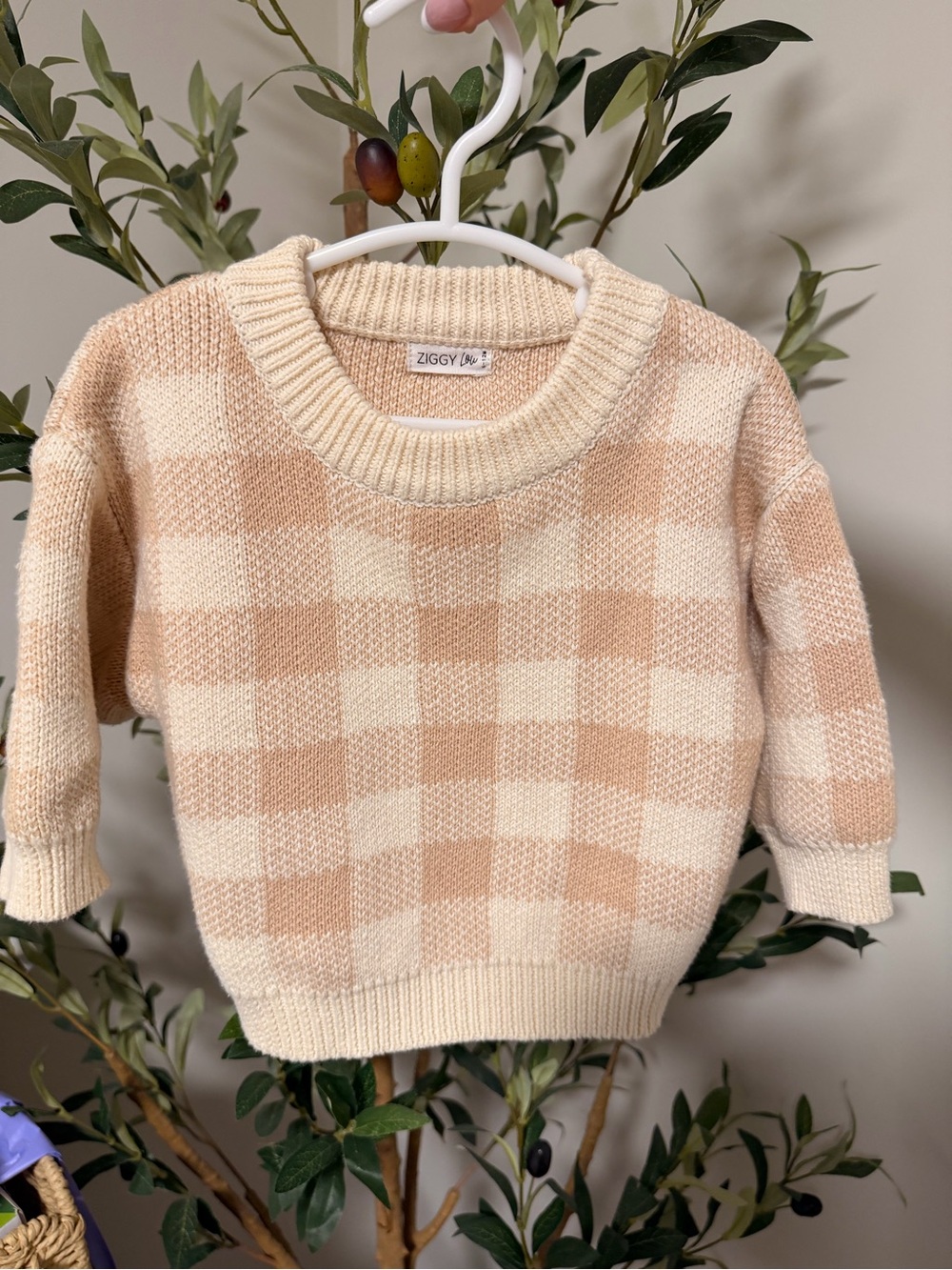 Cream & Beige Checked Crewneck Sweater
